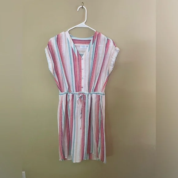 Time and Tru | Dresses | Time Tru Womens Cream Striped Linen Cotton Dress  Sz S 46 Euc | Poshmark